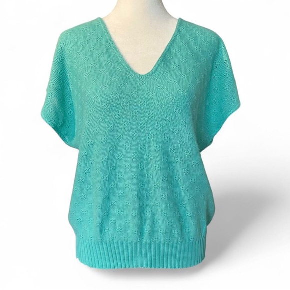 Sweaters - V-Neck Knit Cottagecore Textured Sweater Green Teal M/L